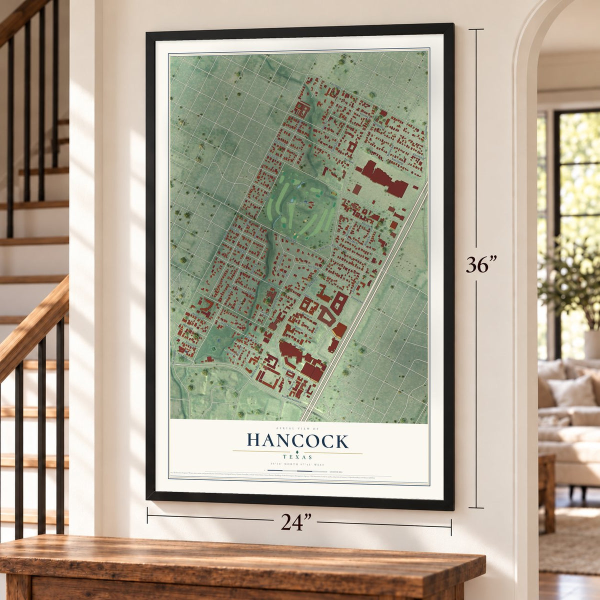 Hancock, Texas map, 24 x 36 inch print in a black frame by a staircase