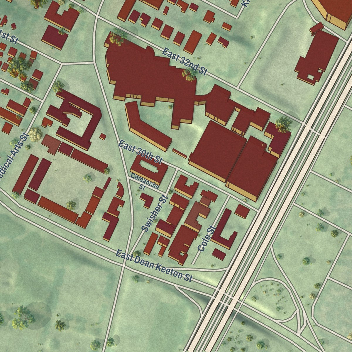 Close-up of the map of Hancock, Texas print showing street and building detail