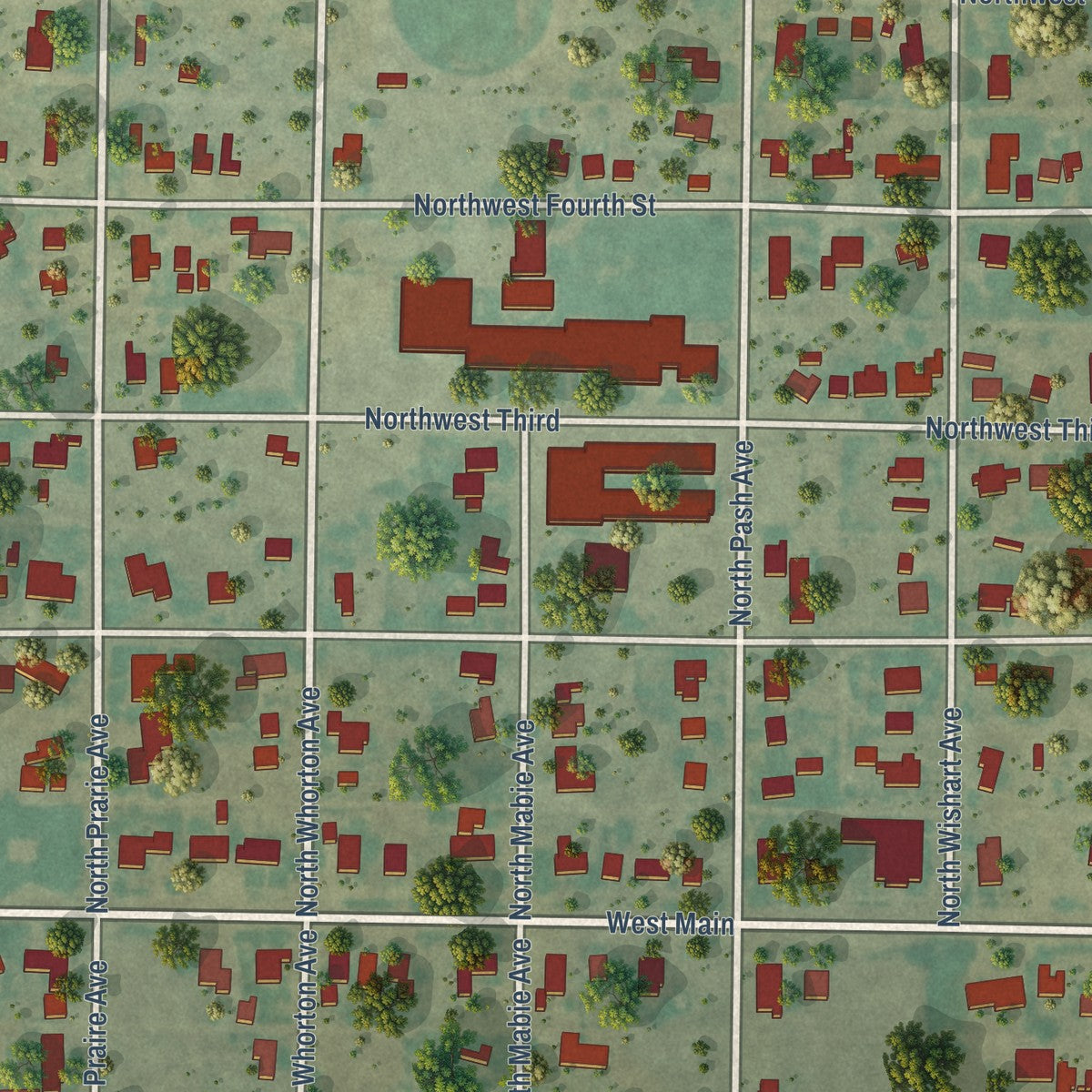 Close-up of the map of Happy, Texas print showing street and building detail