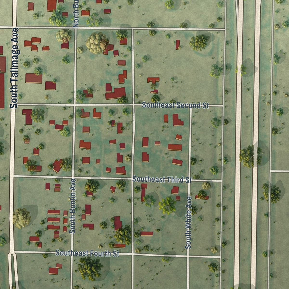 Second close-up of the map of Happy, Texas print showing more streets and buildings