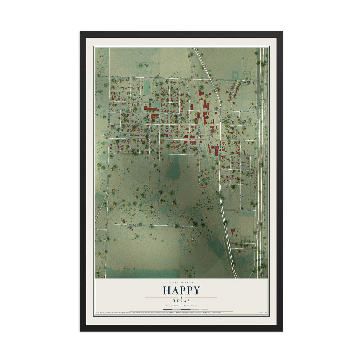 Map of Happy, Texas, 12 x 18 inch print in a black wood frame