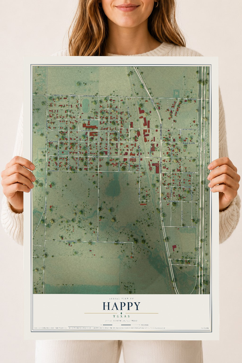 Map of Happy, Texas, 18 x 24 inch unframed archival matte print