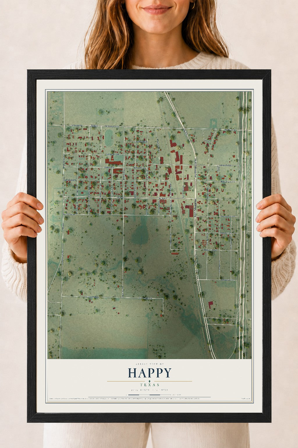 Map of Happy, Texas, 18 x 24 inch print in a black wood frame
