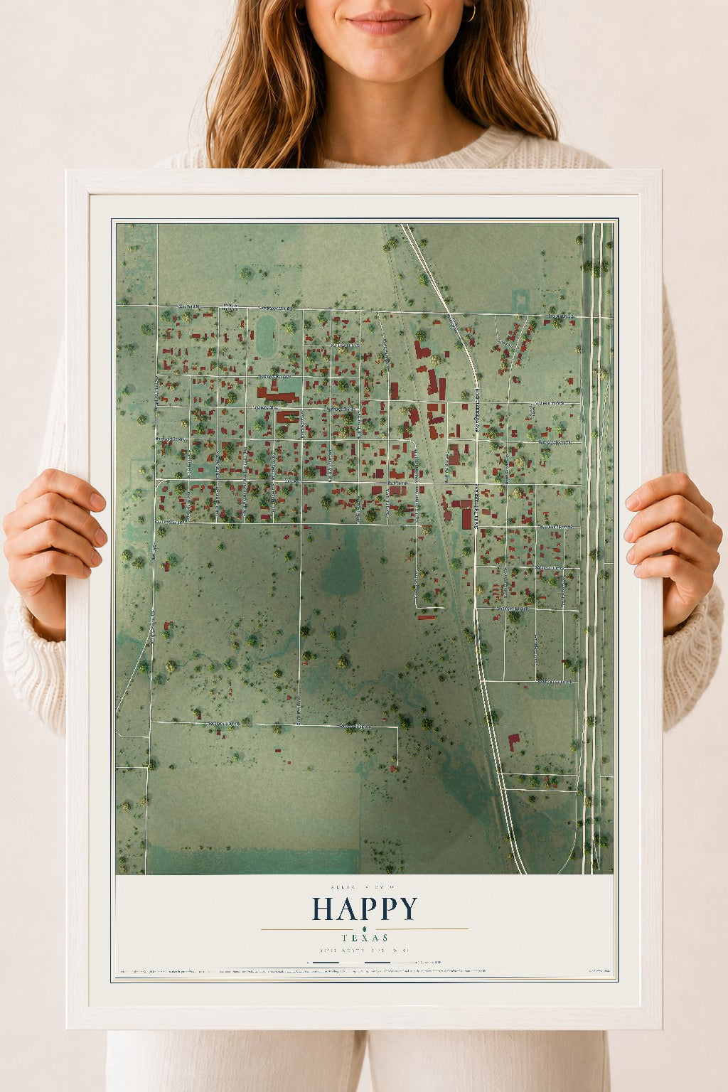 Map of Happy, Texas, 18 x 24 inch print in a white wood frame