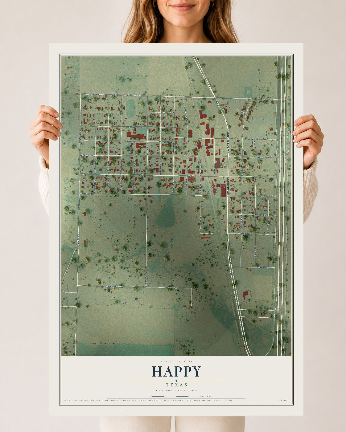 Map of Happy, Texas, 24 x 36 inch unframed archival matte print