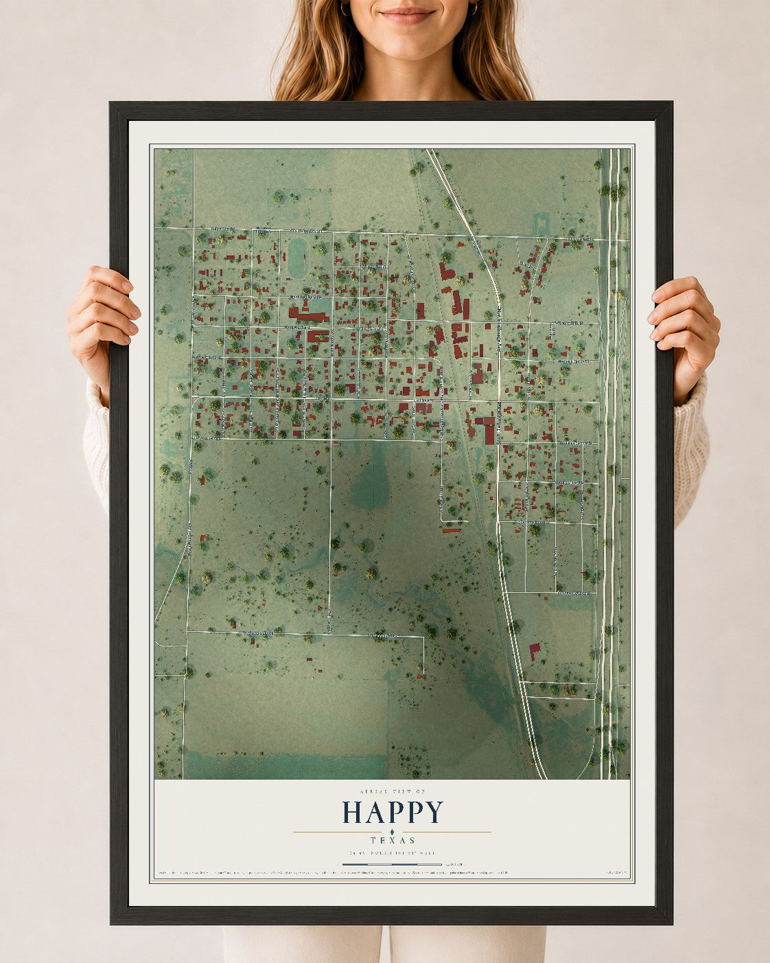 Map of Happy, Texas, 24 x 36 inch print in a black wood frame