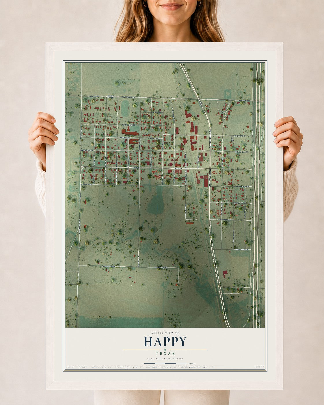 Map of Happy, Texas, 24 x 36 inch print in a white wood frame