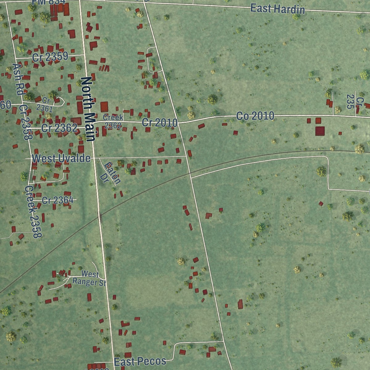 Close-up of the map of Hardin, Texas print showing street and building detail
