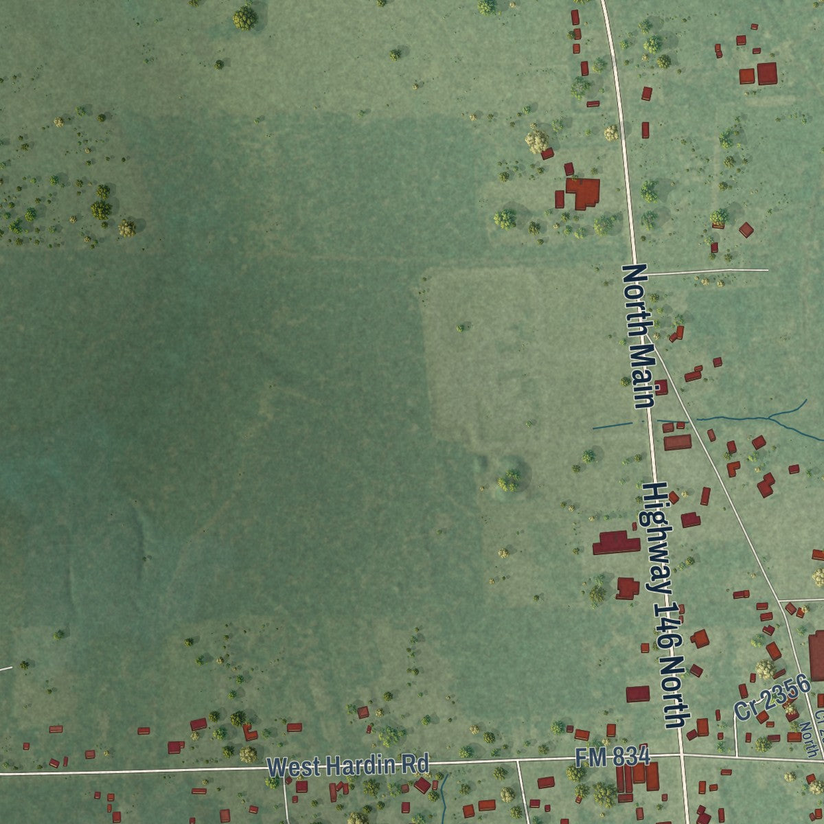 Second close-up of the map of Hardin, Texas print showing more streets and buildings