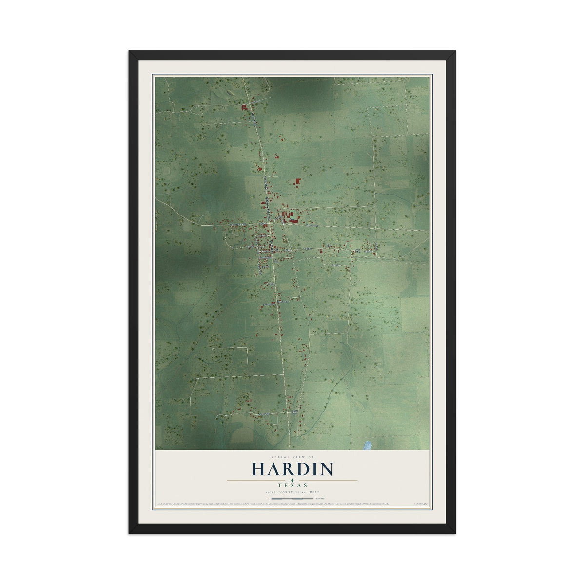 Map of Hardin, Texas, 12 x 18 inch print in a black wood frame