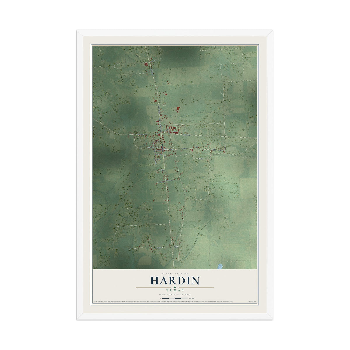 Map of Hardin, Texas, 12 x 18 inch print in a white wood frame