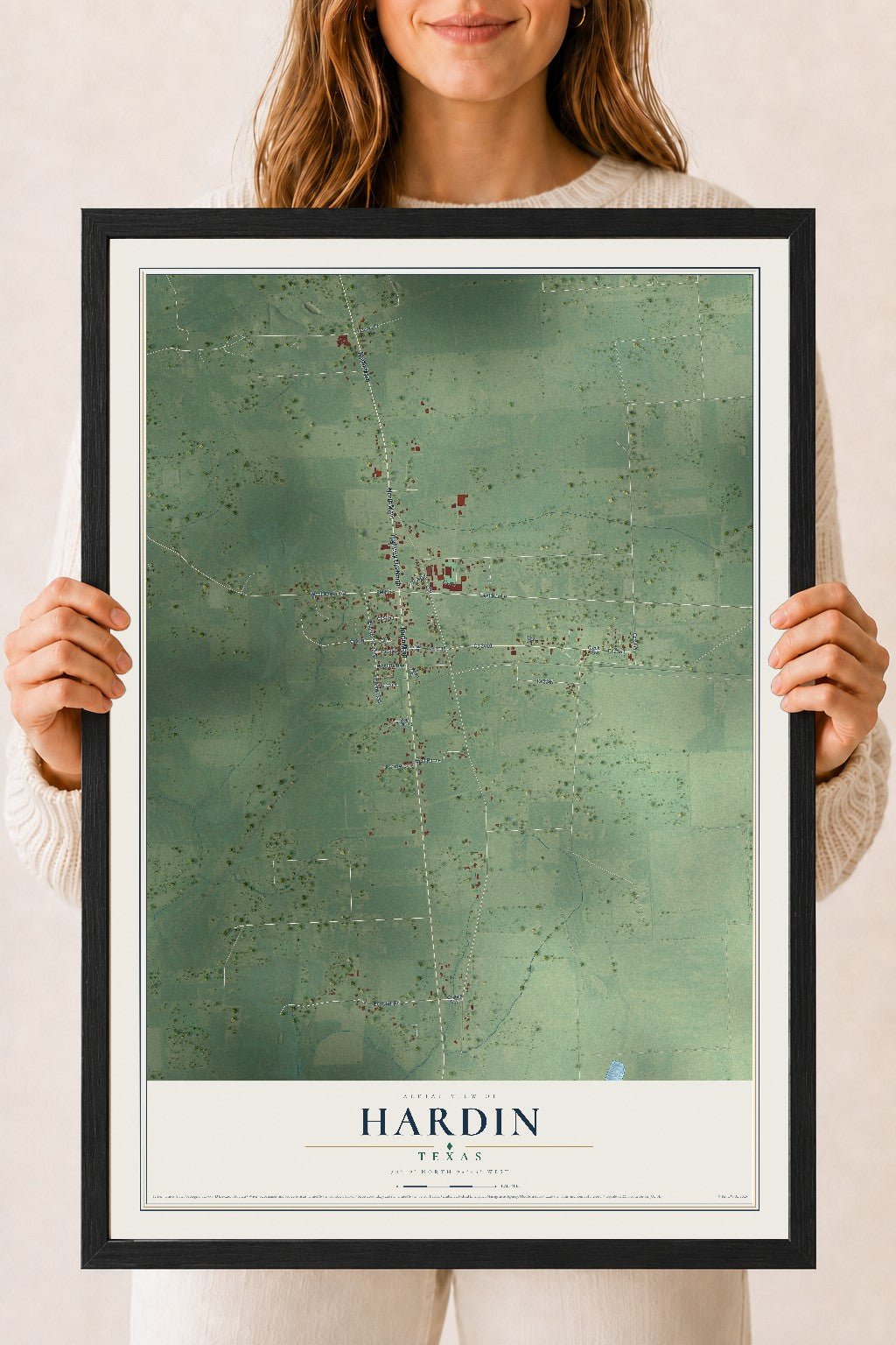 Map of Hardin, Texas, 18 x 24 inch print in a black wood frame