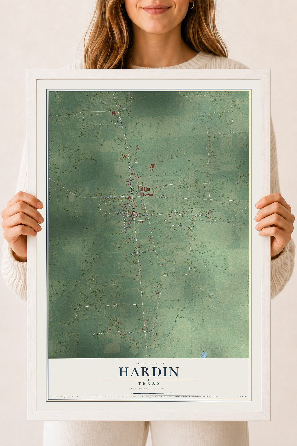 Map of Hardin, Texas, 18 x 24 inch print in a white wood frame