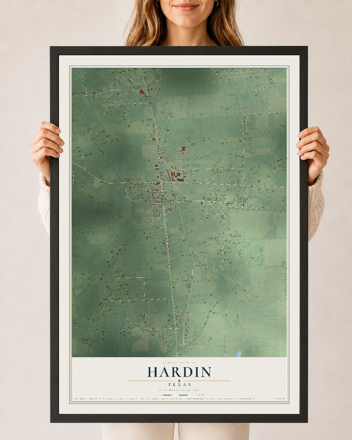 Map of Hardin, Texas, 24 x 36 inch print in a black wood frame