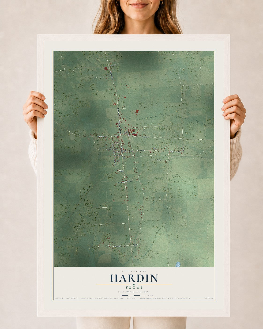 Map of Hardin, Texas, 24 x 36 inch print in a white wood frame
