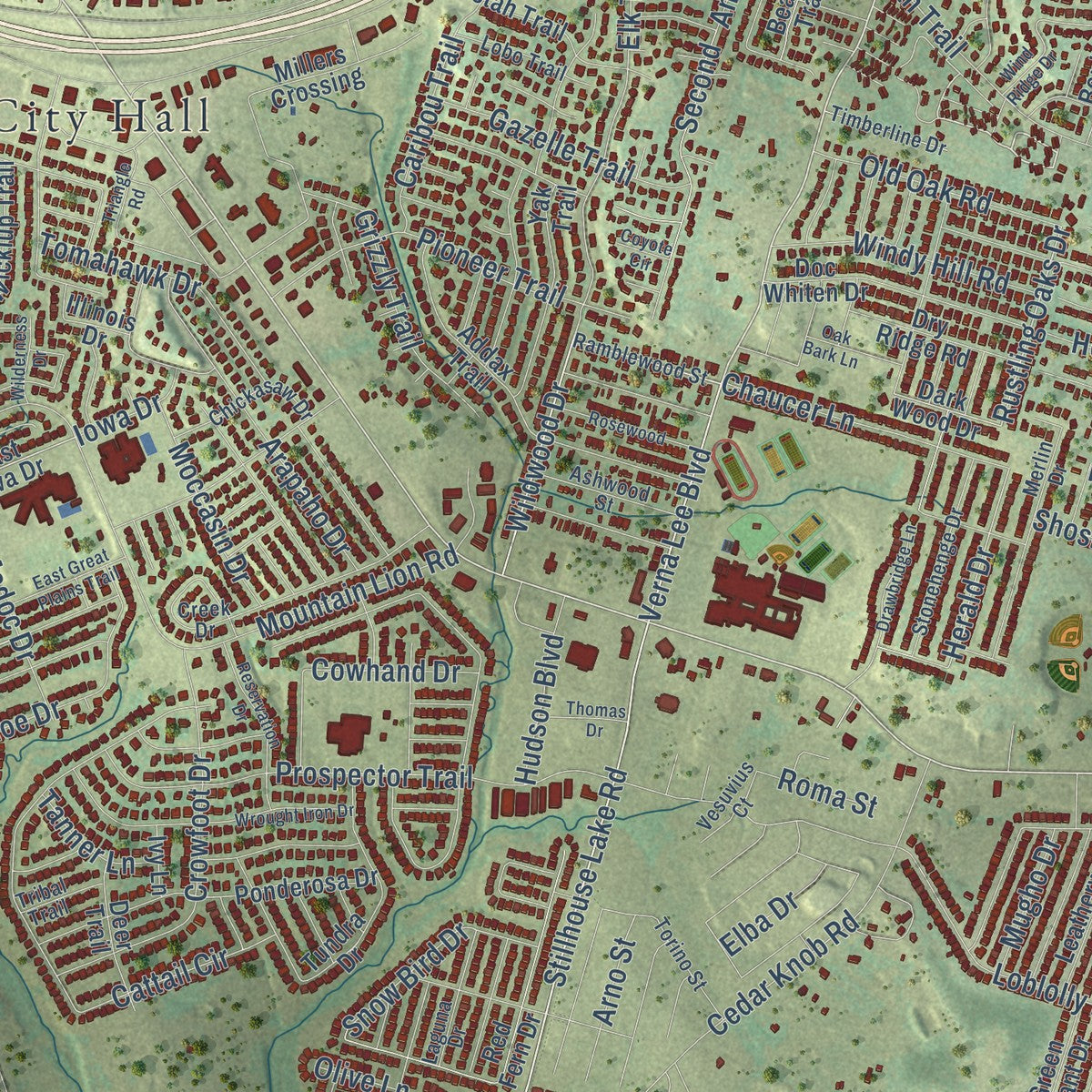 Close-up of the map of Harker Heights, Texas print showing street and building detail