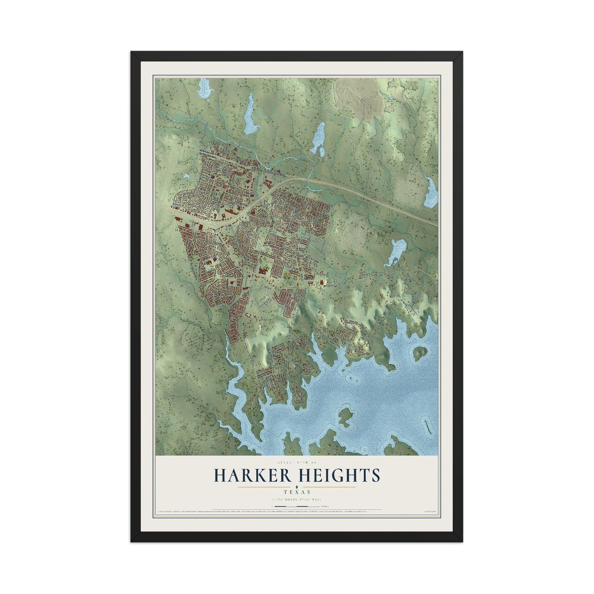 Map of Harker Heights, Texas, 12 x 18 inch print in a black wood frame