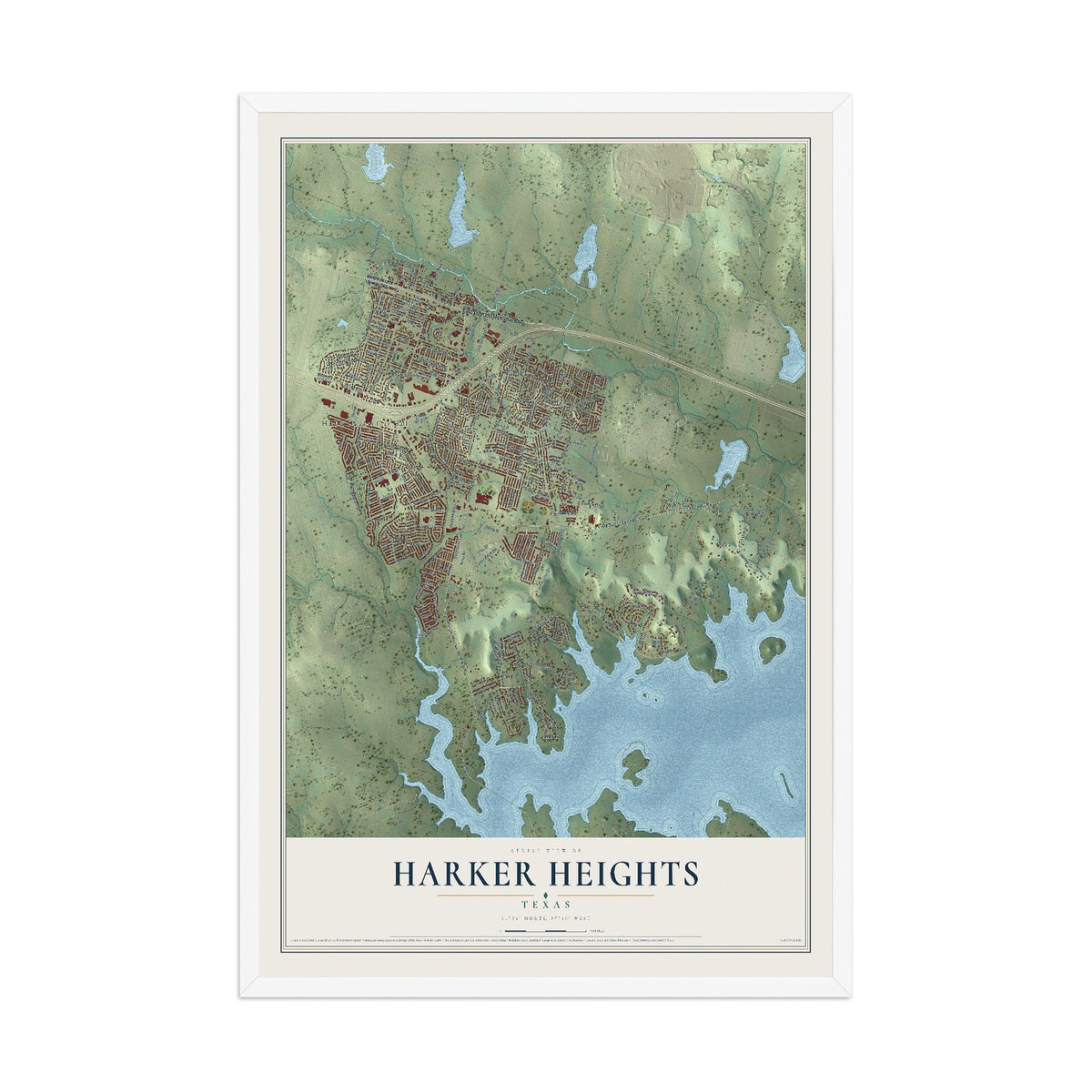 Map of Harker Heights, Texas, 12 x 18 inch print in a white wood frame