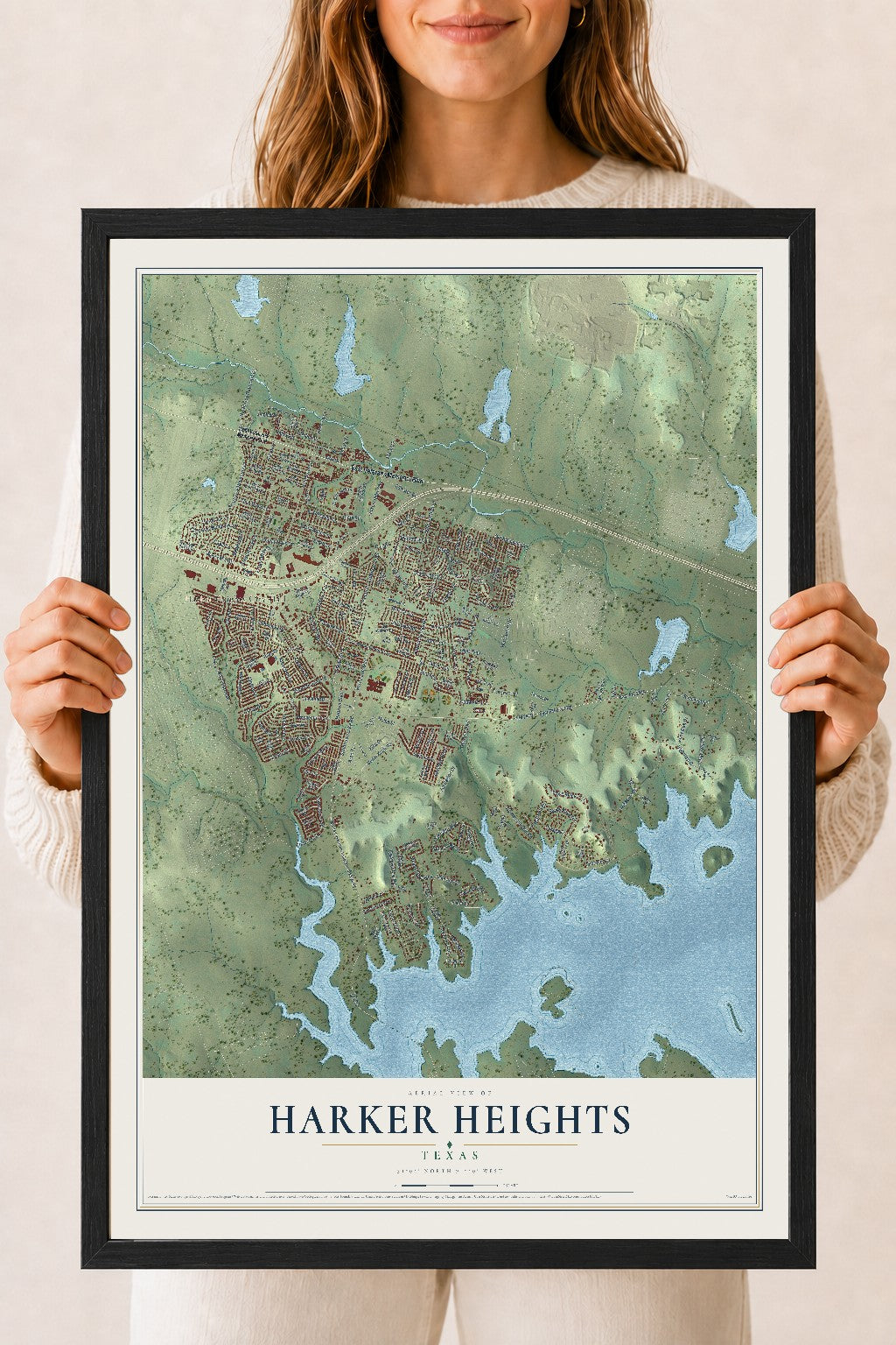 Map of Harker Heights, Texas, 18 x 24 inch print in a black wood frame