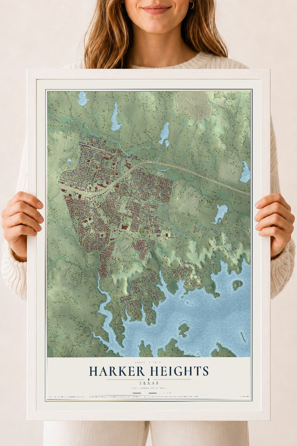 Map of Harker Heights, Texas, 18 x 24 inch print in a white wood frame