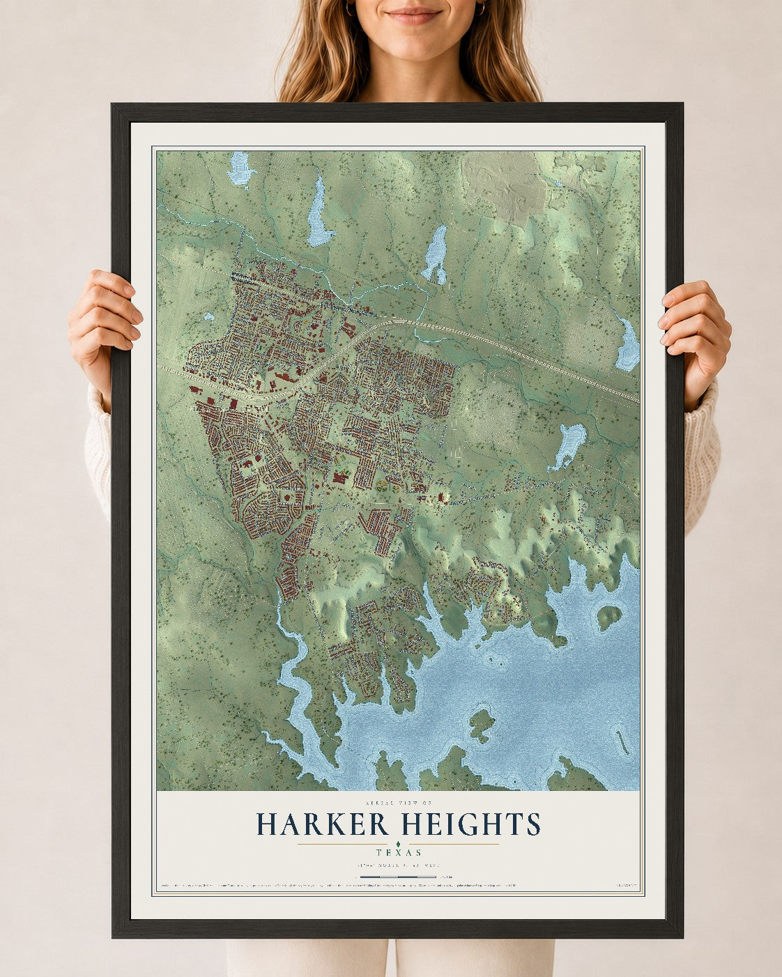 Map of Harker Heights, Texas, 24 x 36 inch print in a black wood frame