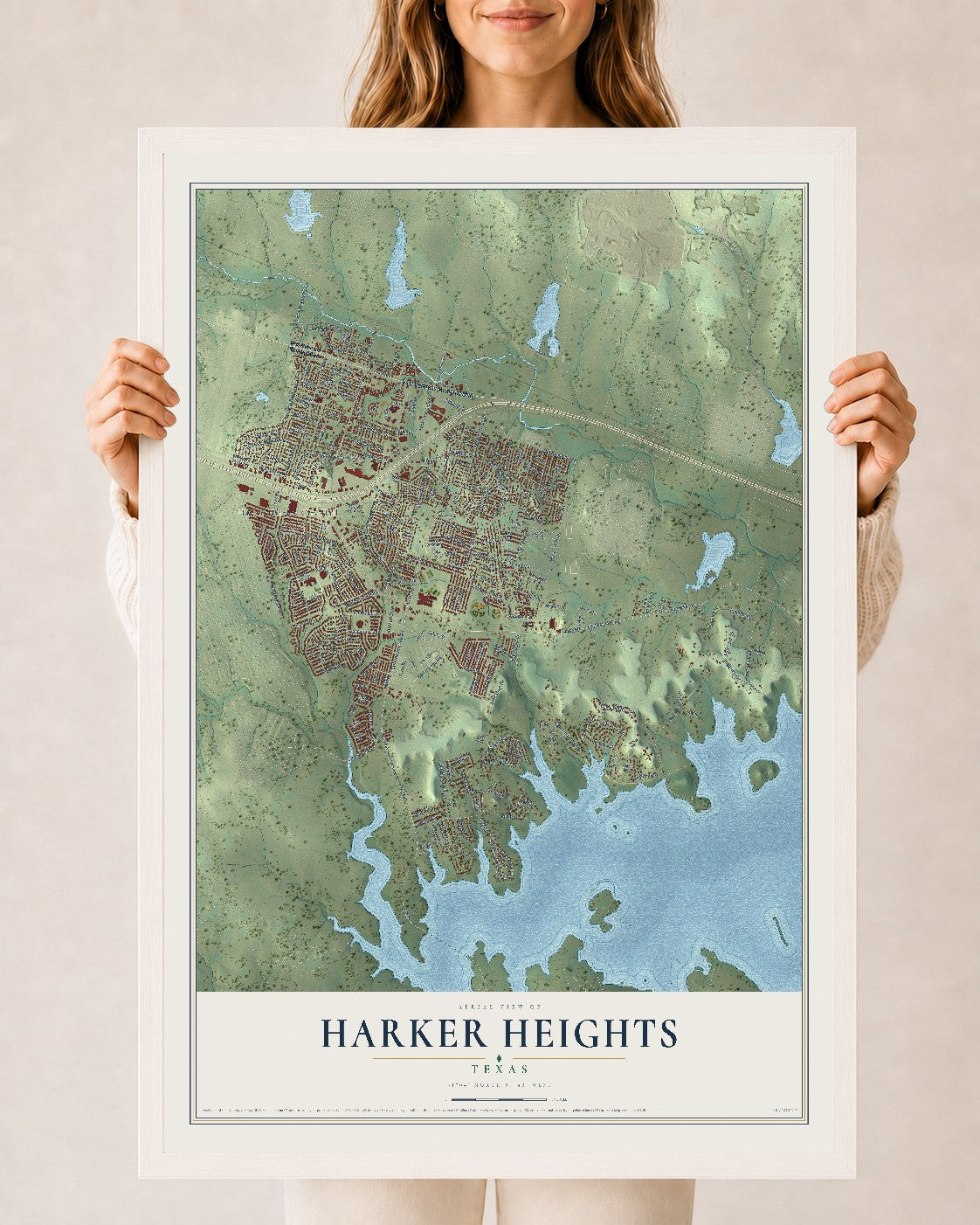 Map of Harker Heights, Texas, 24 x 36 inch print in a white wood frame