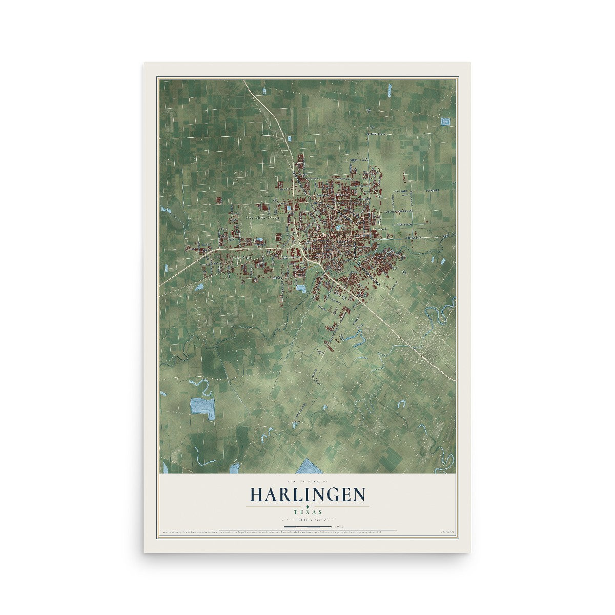 Map of Harlingen, Texas, 12 x 18 inch unframed archival matte print