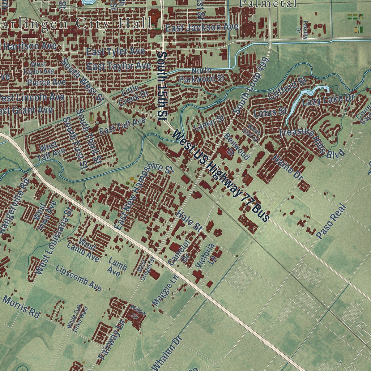 Close-up of the map of Harlingen, Texas print showing street and building detail