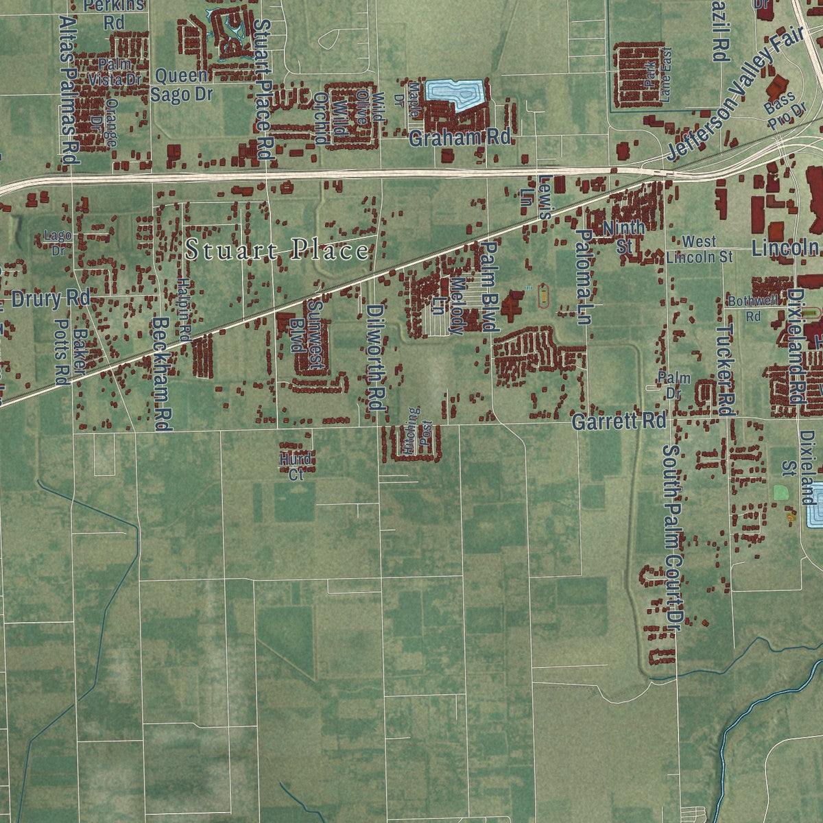 Second close-up of the map of Harlingen, Texas print showing more streets and buildings