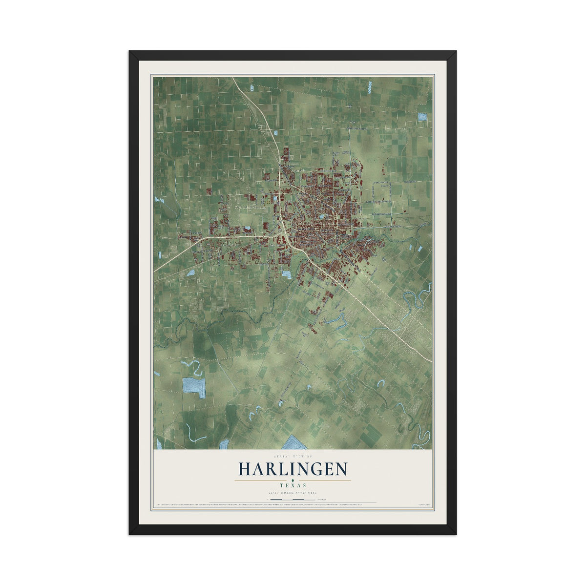 Map of Harlingen, Texas, 12 x 18 inch print in a black wood frame