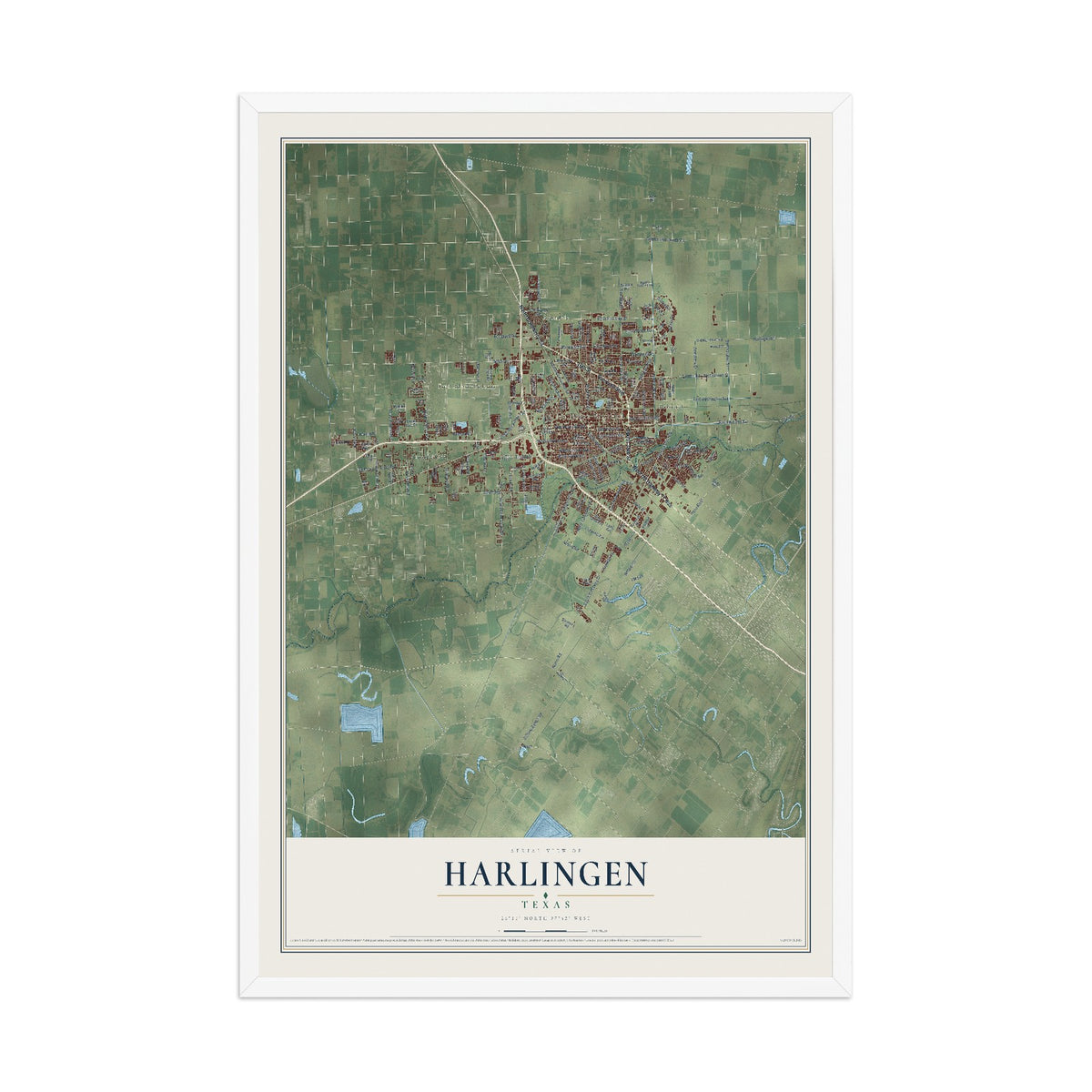 Map of Harlingen, Texas, 12 x 18 inch print in a white wood frame