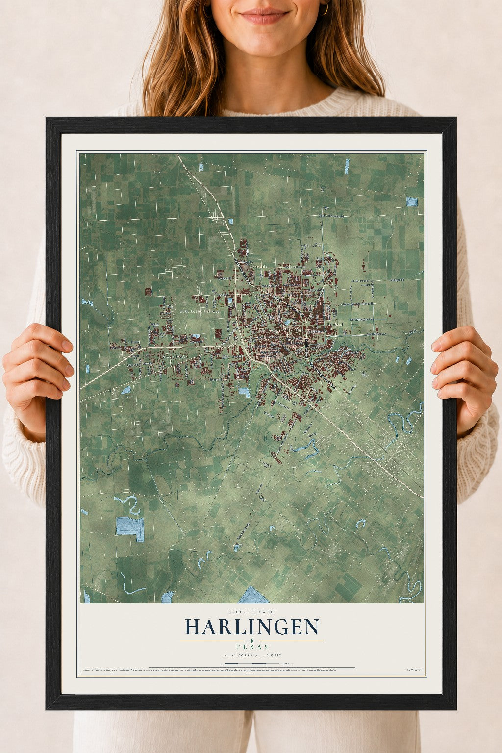 Map of Harlingen, Texas, 18 x 24 inch print in a black wood frame
