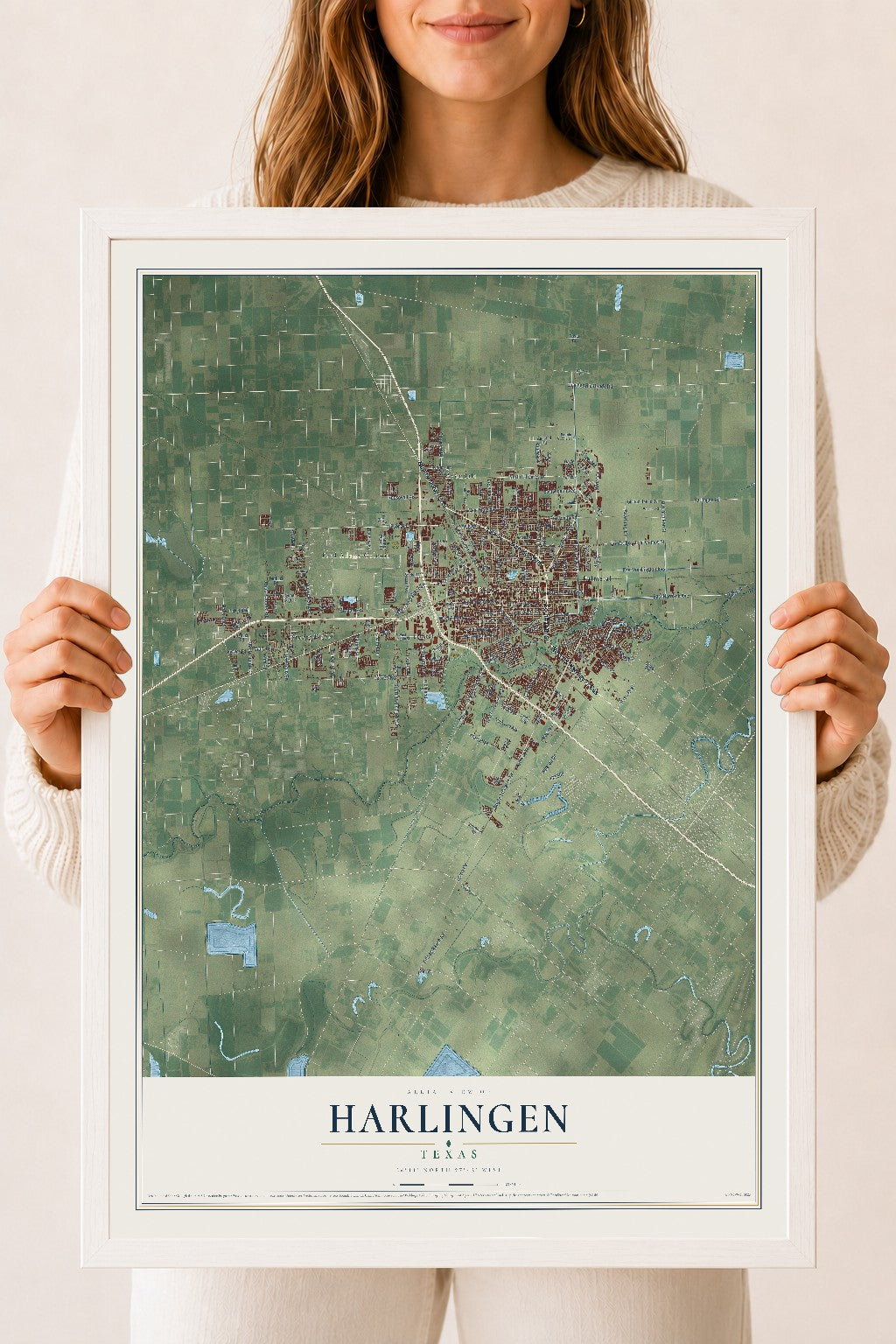 Map of Harlingen, Texas, 18 x 24 inch print in a white wood frame