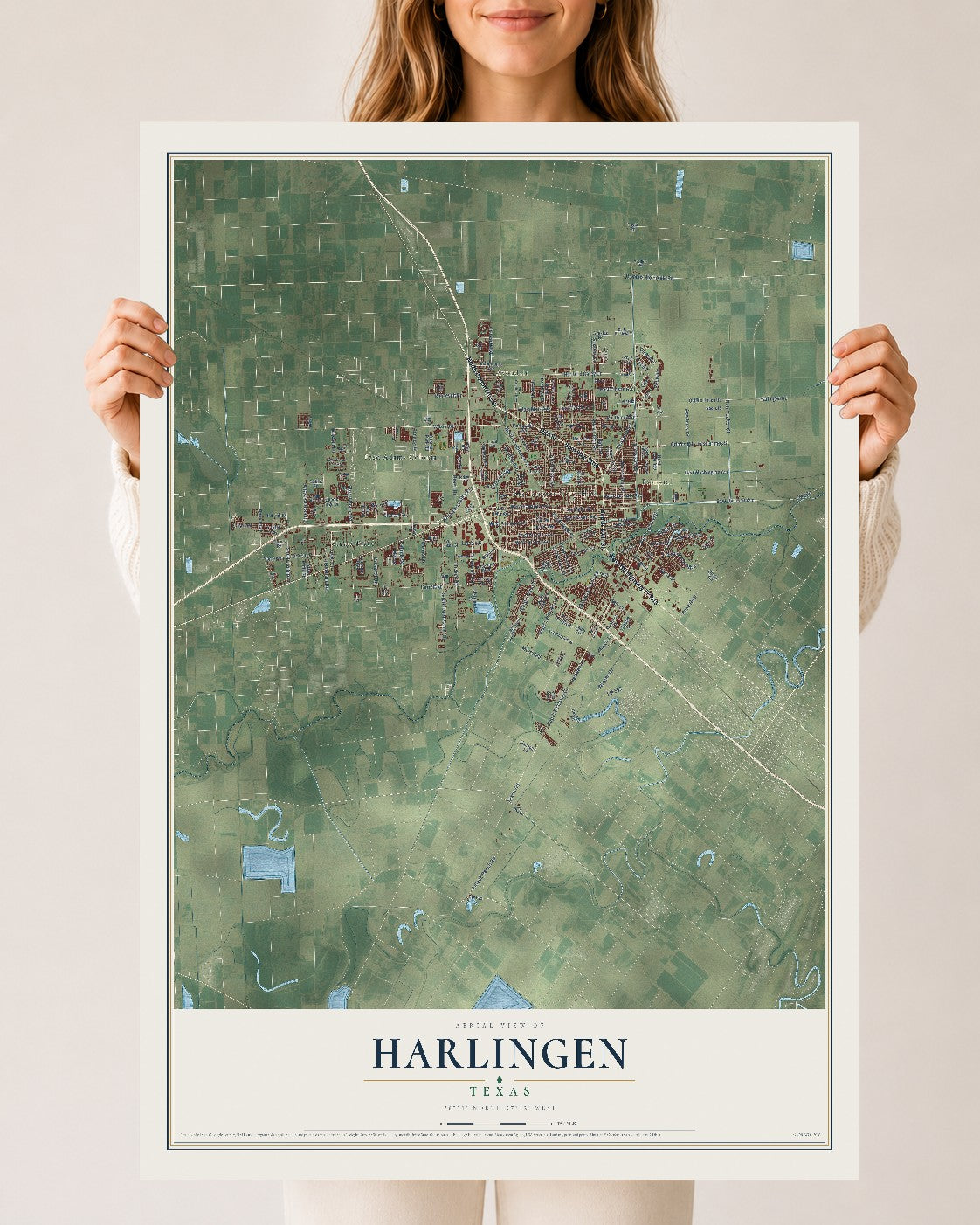Map of Harlingen, Texas, 24 x 36 inch unframed archival matte print