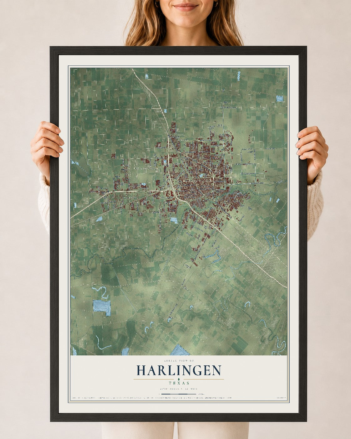 Map of Harlingen, Texas, 24 x 36 inch print in a black wood frame