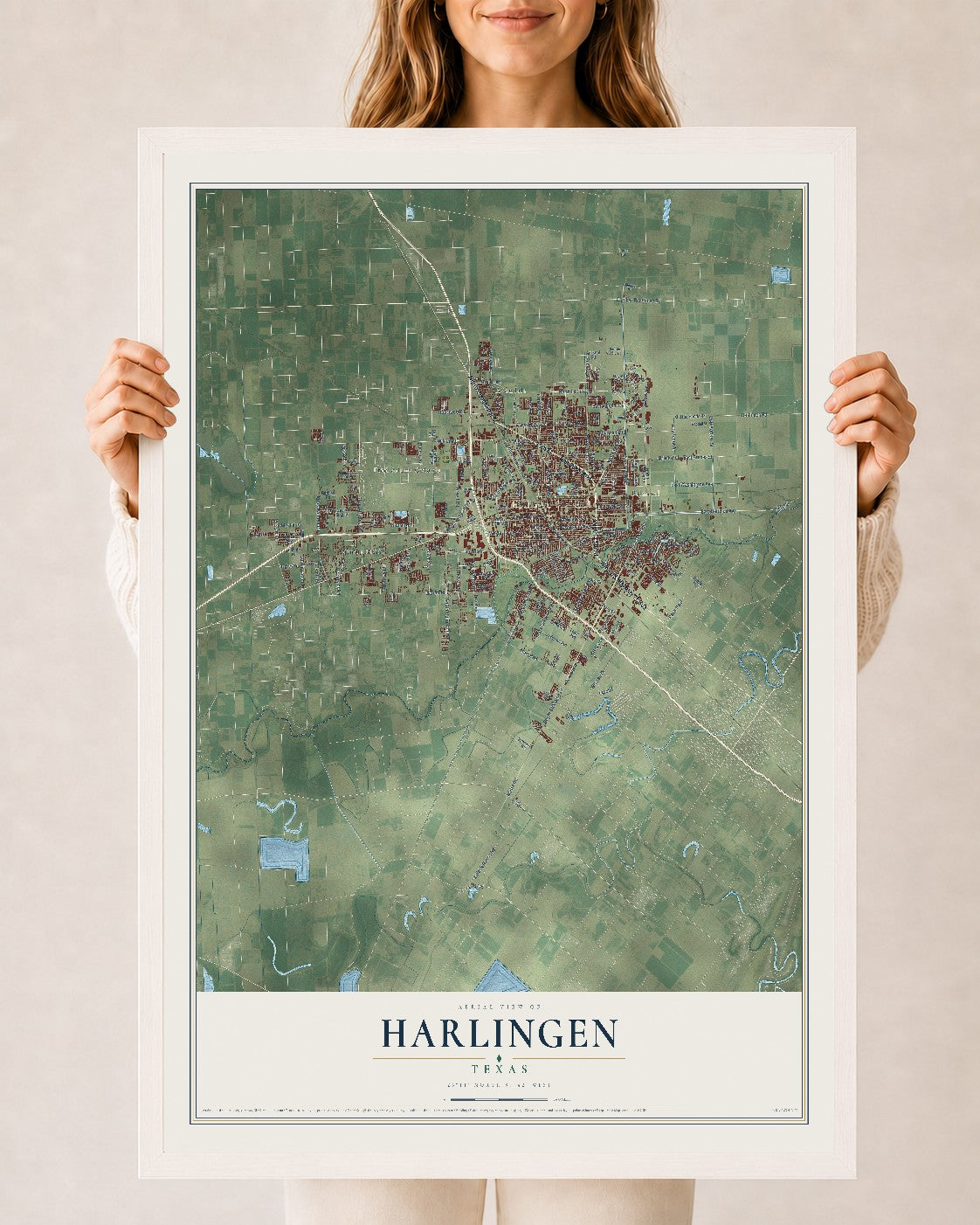 Map of Harlingen, Texas, 24 x 36 inch print in a white wood frame