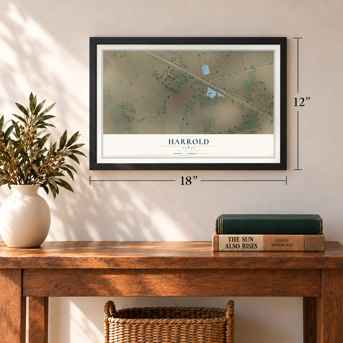 Harrold, Texas map, 12 x 18 inch print in a black frame in an entryway