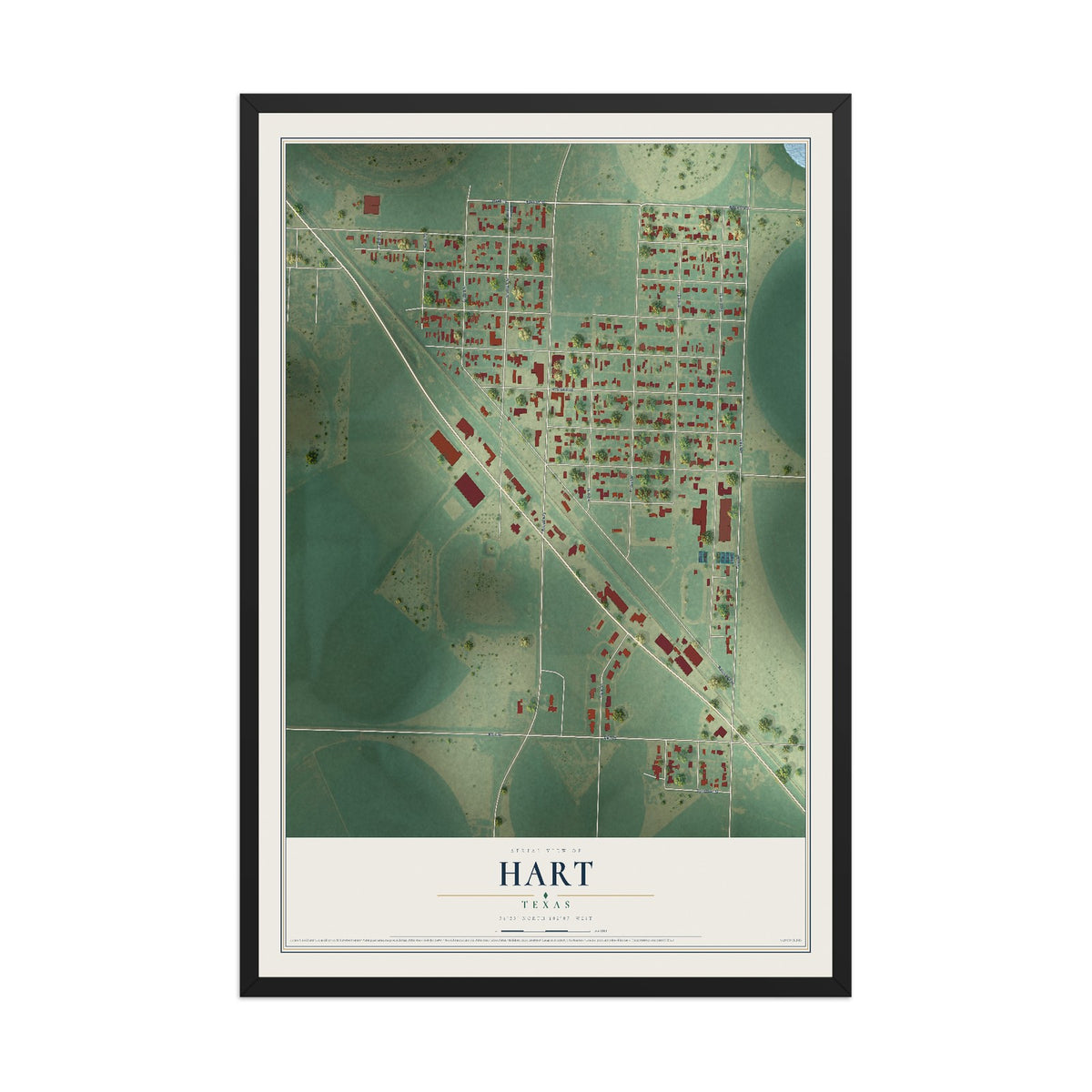 Map of Hart, Texas, 12 x 18 inch print in a black wood frame