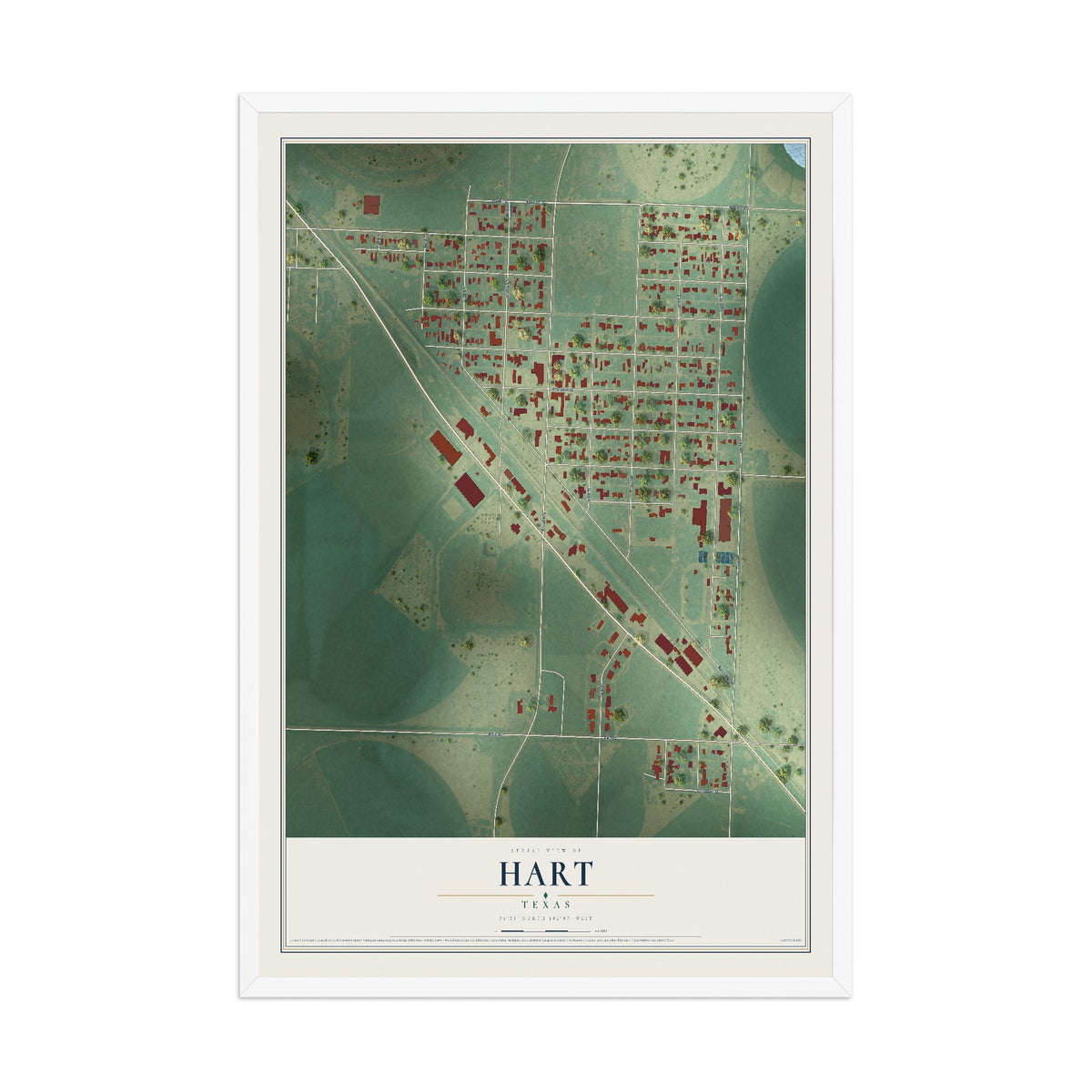 Map of Hart, Texas, 12 x 18 inch print in a white wood frame