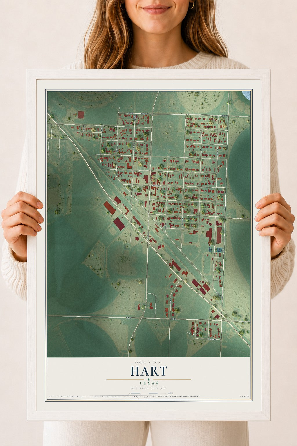 Map of Hart, Texas, 18 x 24 inch print in a white wood frame