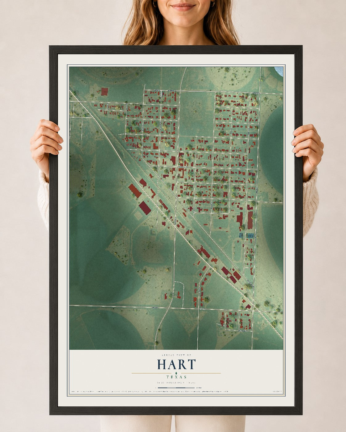 Map of Hart, Texas, 24 x 36 inch print in a black wood frame