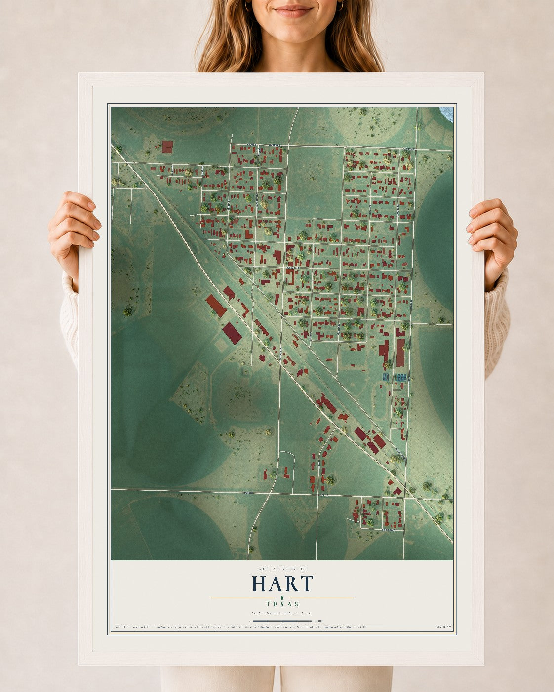 Map of Hart, Texas, 24 x 36 inch print in a white wood frame