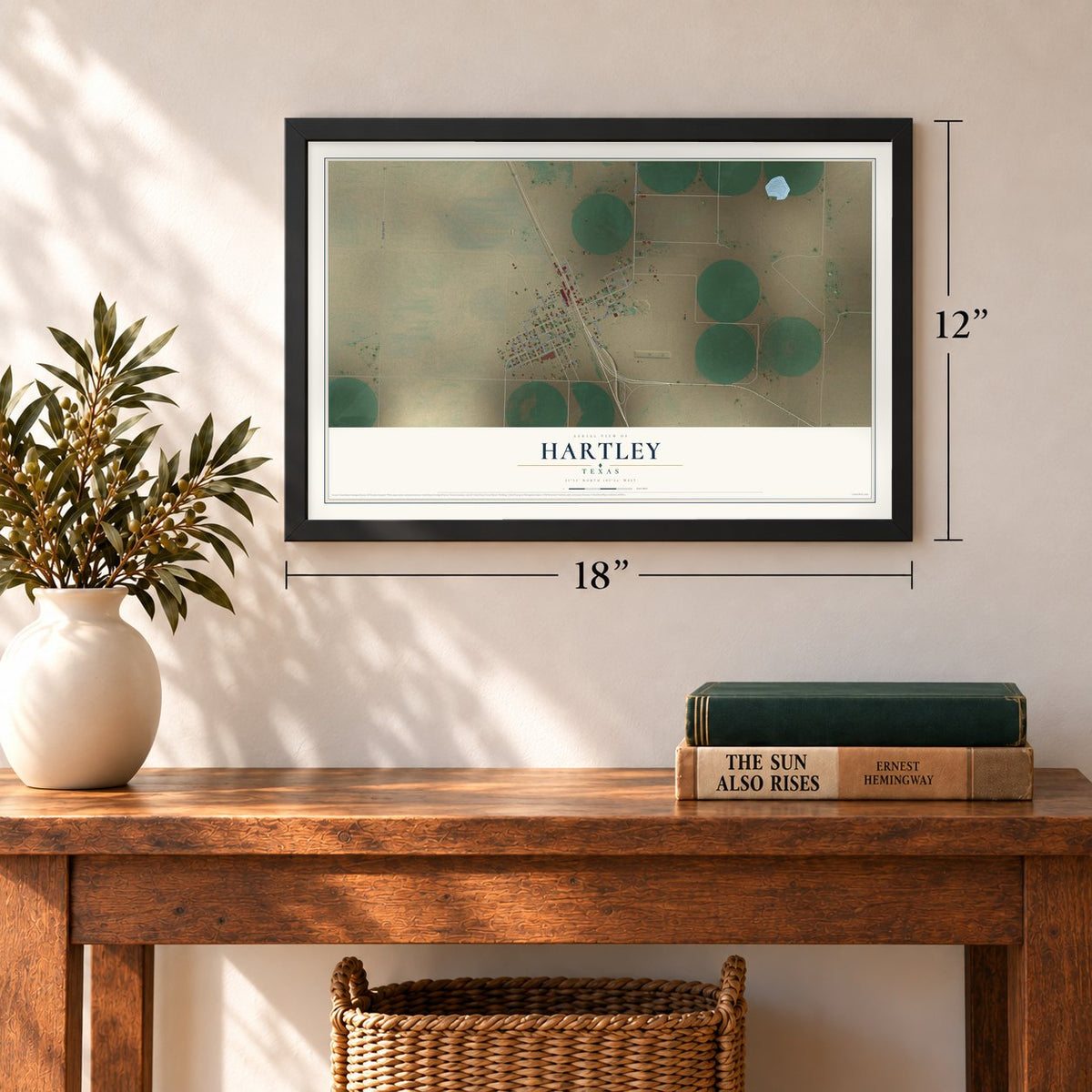 Hartley, Texas map, 12 x 18 inch print in a black frame in an entryway