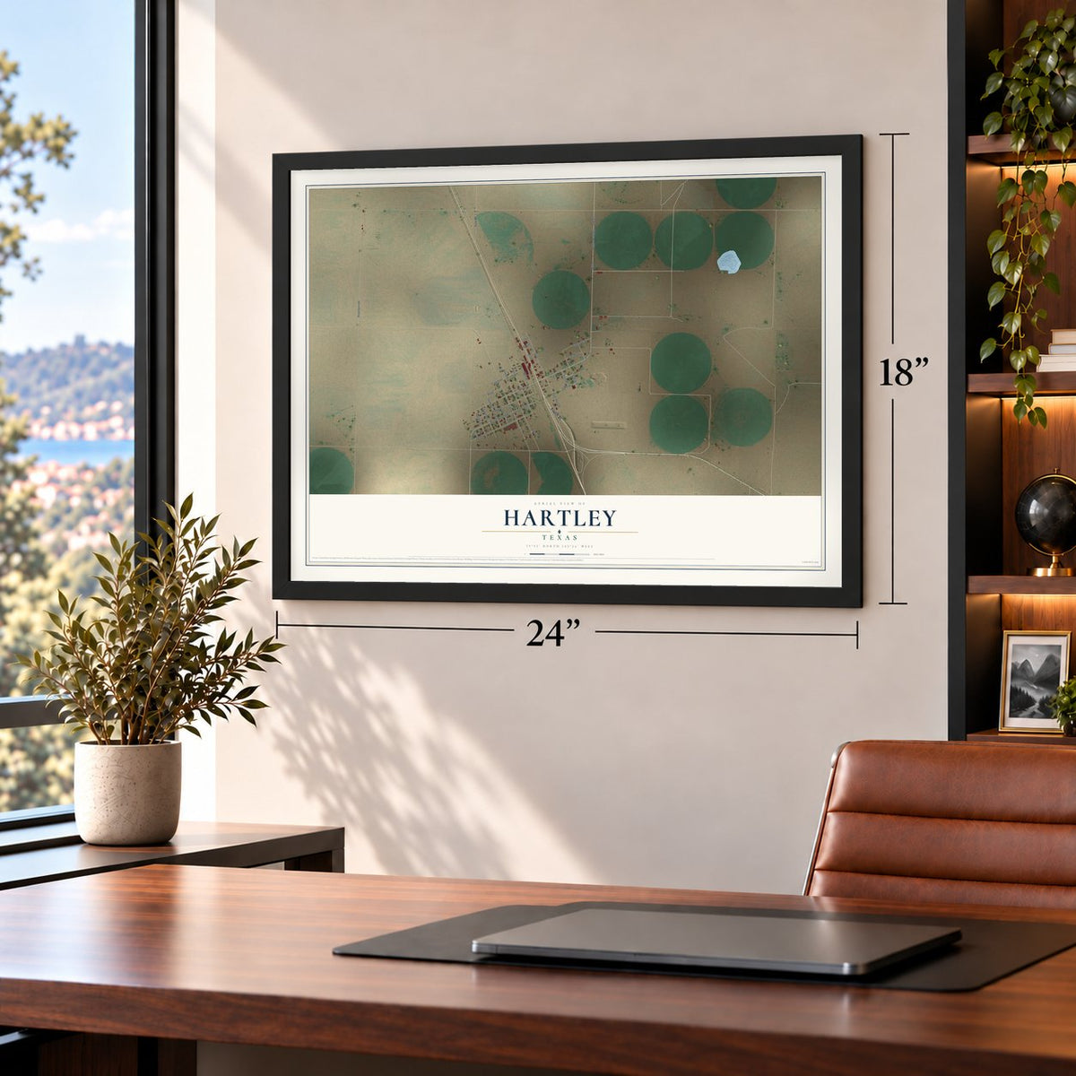 Hartley, Texas map, 18 x 24 inch print in a black frame in a home office