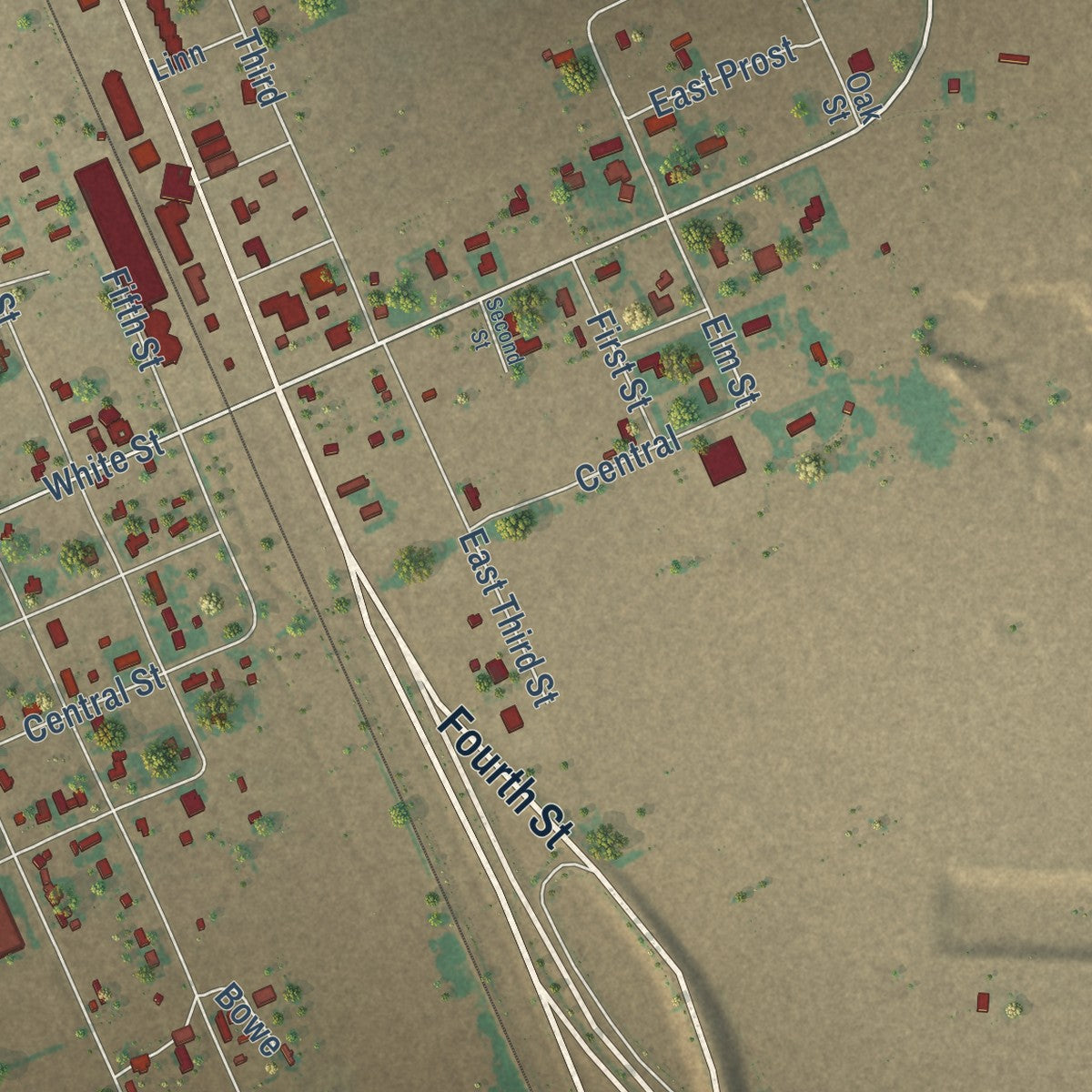 Close-up of the map of Hartley, Texas print showing street and building detail