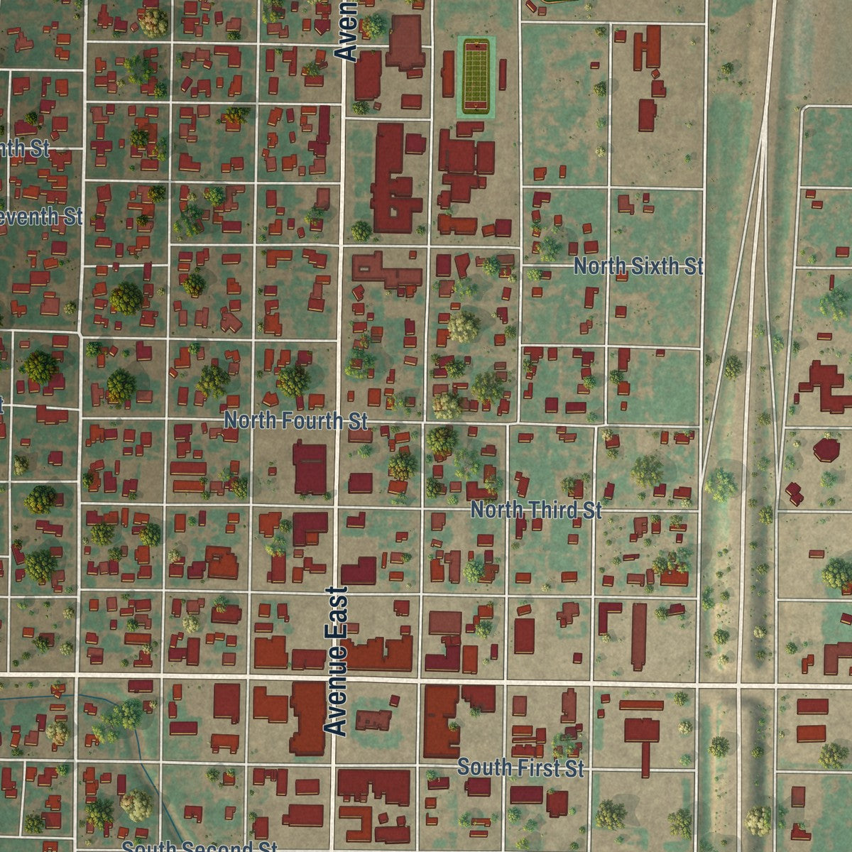 Close-up of the map of Haskell, Texas print showing street and building detail