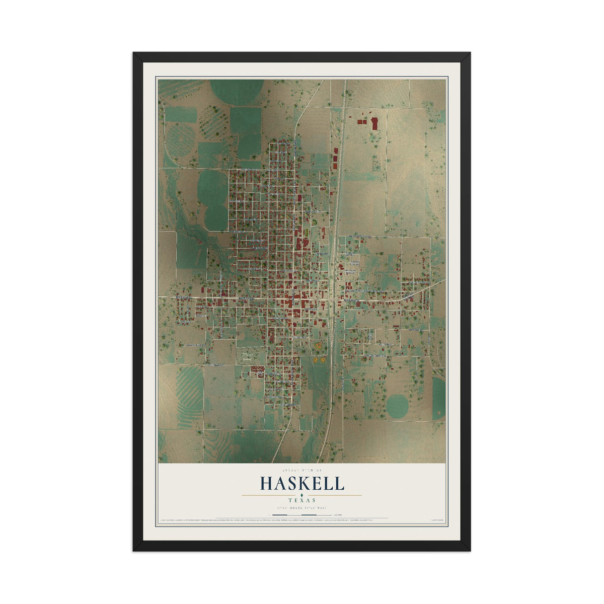 Map of Haskell, Texas, 12 x 18 inch print in a black wood frame