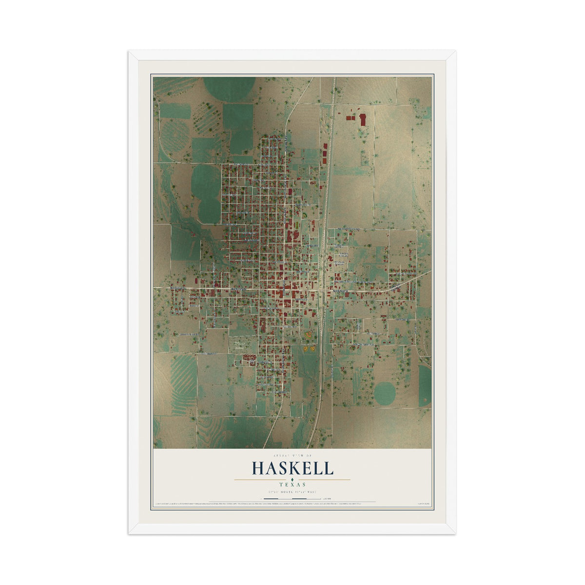 Map of Haskell, Texas, 12 x 18 inch print in a white wood frame
