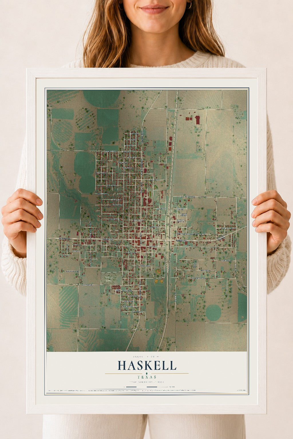 Map of Haskell, Texas, 18 x 24 inch print in a white wood frame