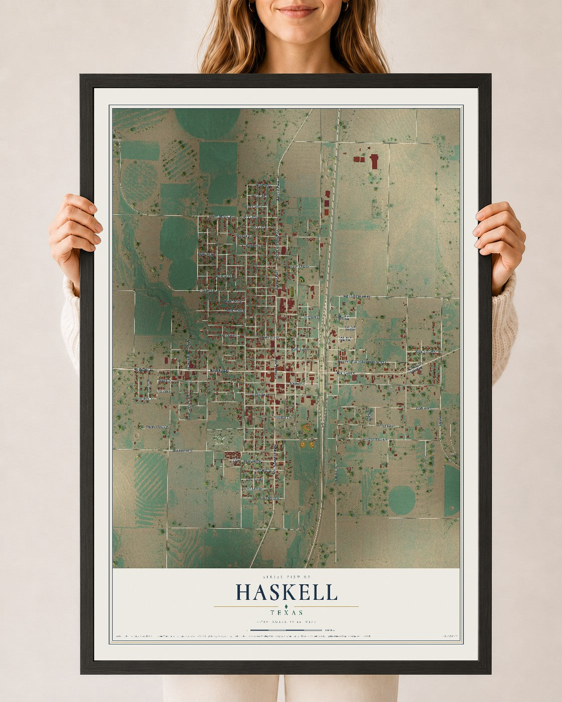 Map of Haskell, Texas, 24 x 36 inch print in a black wood frame